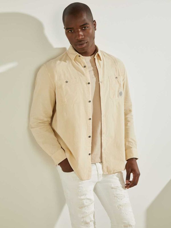 Khaki White Men's Guess Collins Corduroy Shirts Australia Sale | 256CBOPDR