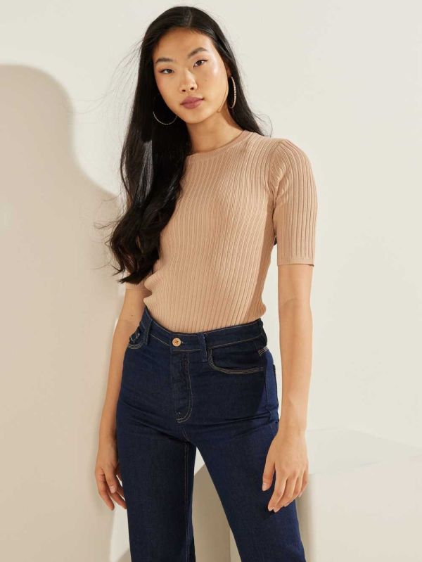 Light Coffee Women's Guess Naomi Ribbed Half-Sleeve Sweaters Australia Sale | 165MDESHO