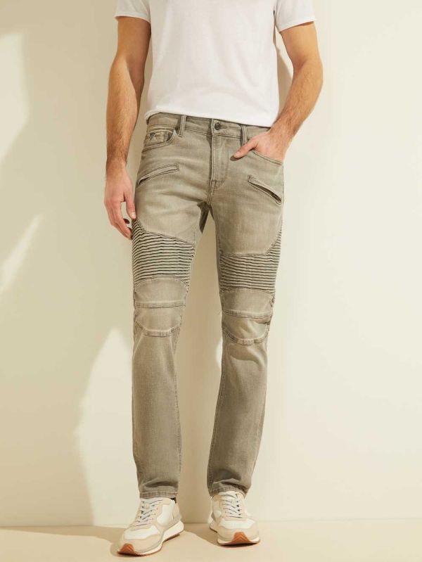 Light Green Men's Guess Slim Tapered Pintuck Moto Jeans Australia Sale | 281MHDXIE