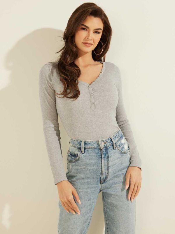Light Grey Women's Guess Rhinestone Logo Henley Tops Australia Sale | 872AYTQJU