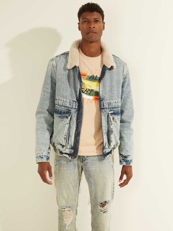 Light Indigo Men's Guess Denim Bomber Jackets Australia Sale | 137SYOMJF