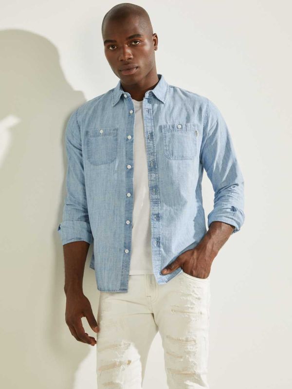 Light Indigo Multicolor Men's Guess Classic Vintage Chambray Shirts Australia Sale | 498QLRMAC