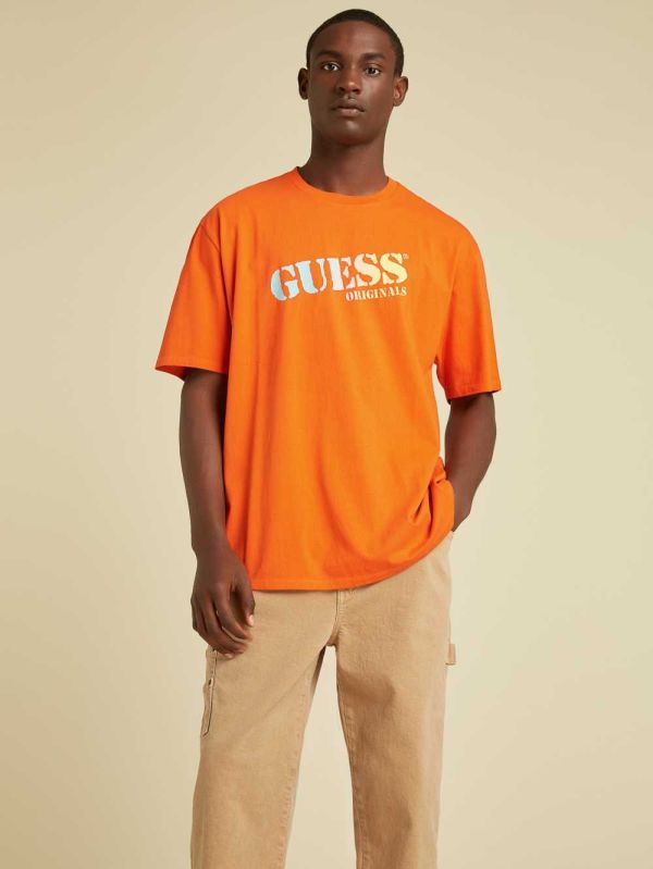 Orange Men's Guess Originals Ombre Logo T-shirt Australia Sale | 670VQYZLR