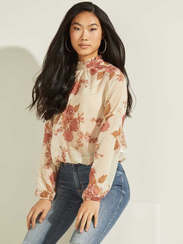 Pink Flower Women's Guess Floral Puff Sleeve Blouse Australia Sale | 946MVEGHA