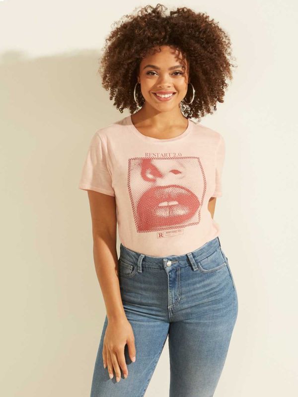 Pink Multicolor Women's Guess Eco Pixel Lips Easy T-shirt Australia Sale | 195ZYCPWT