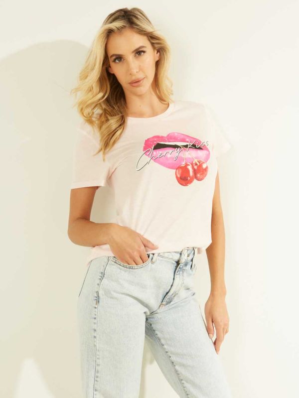 Pink Women's Guess Eco Cherry Kiss T-shirt Australia Sale | 209UGCDNM