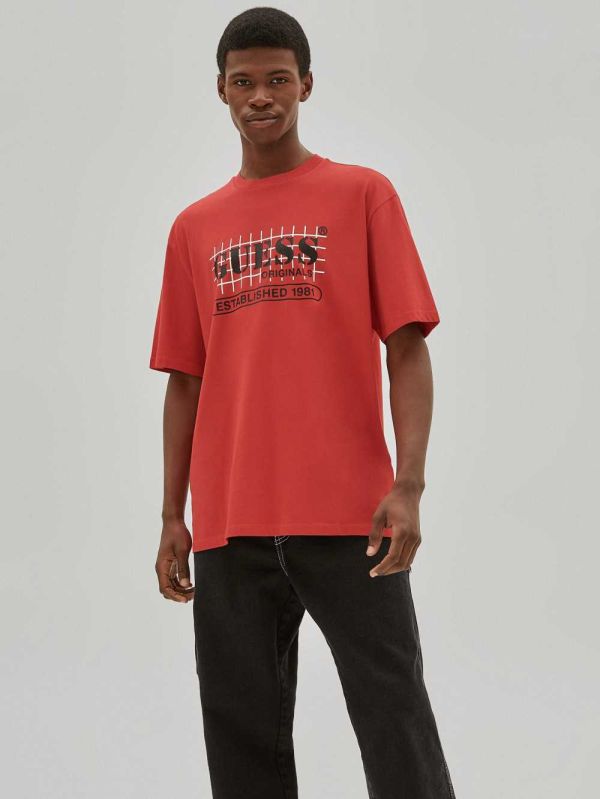 Red Men's Guess Originals Grid T-shirt Australia Sale | 748DNOYCQ