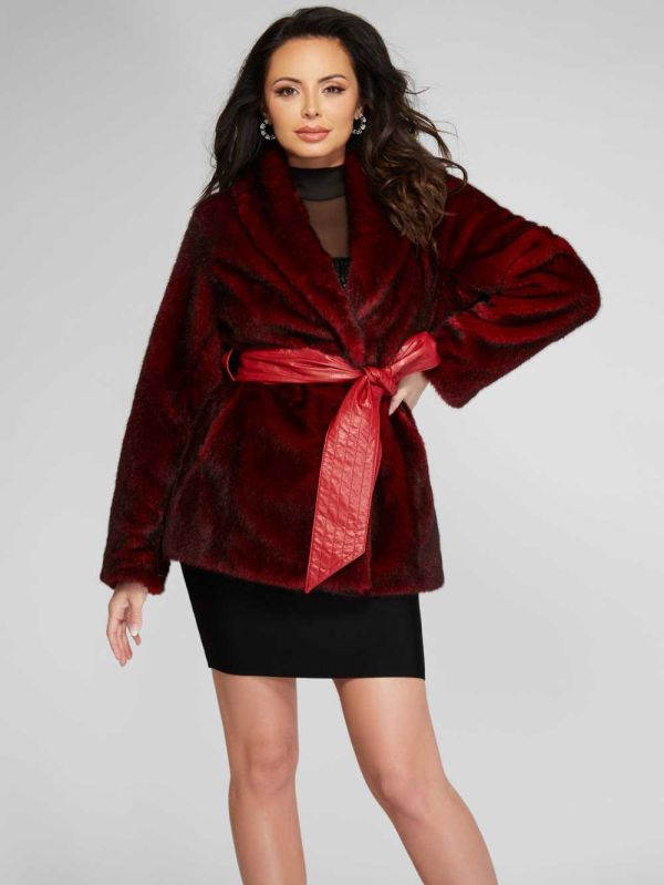 Red Multicolor Women's Guess Olaia Faux-Fur Coats Australia Sale | 173YPMBRU