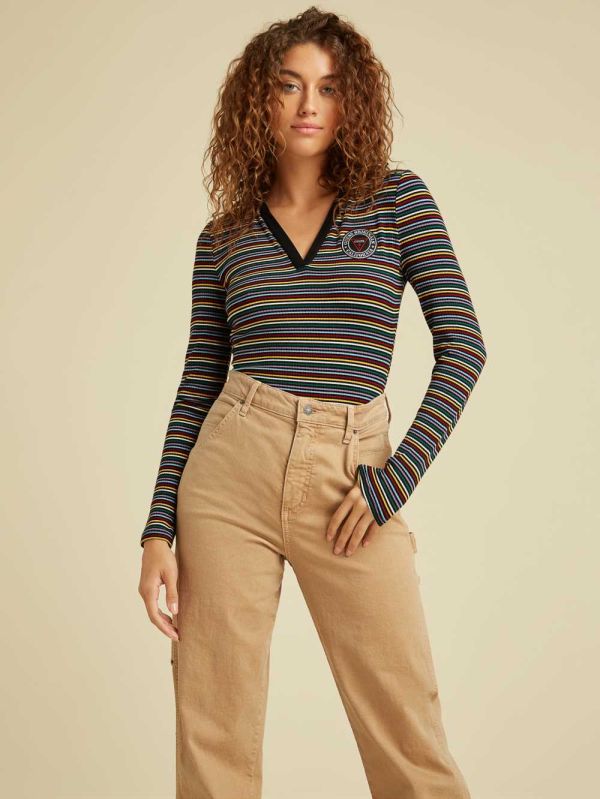 Red Multicolor Women's Guess Originals Striped Collar Bodysuit Australia Sale | 634PDSUFQ