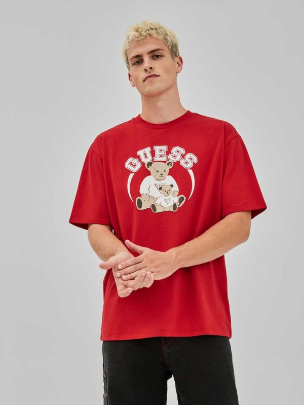 Red Pink Men's Guess Originals Bear T-shirt Australia Sale | 784YCGESL