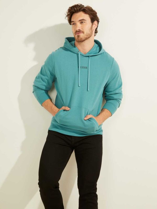 Turquoise Men's Guess Eco Roy Embroidered Logo Hoodie Australia Sale | 415ODATXL