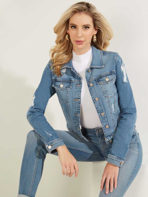 Wash Women's Guess Destroyed Denim Trucker Jackets Australia Sale | 412NGHDXF