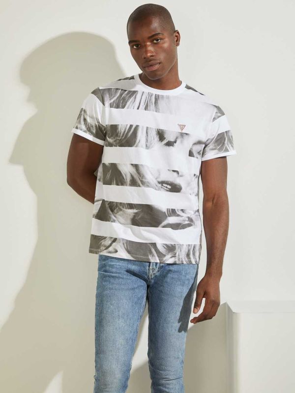 White Men's Guess Eco Striped Photo T-shirt Australia Sale | 470DYATPX