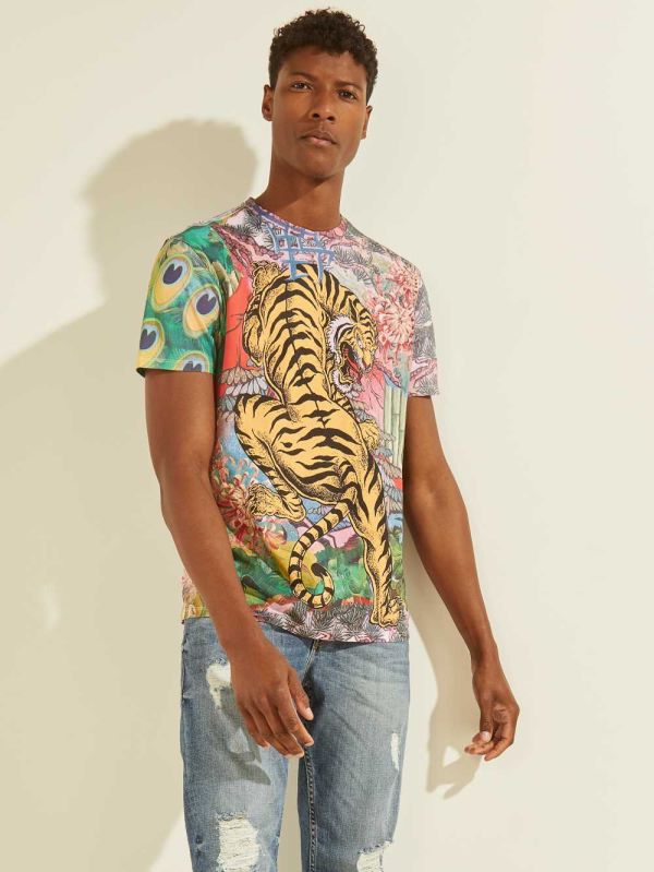 White Men's Guess Eco Tiger Graphic T-shirt Australia Sale | 170GQSNLC