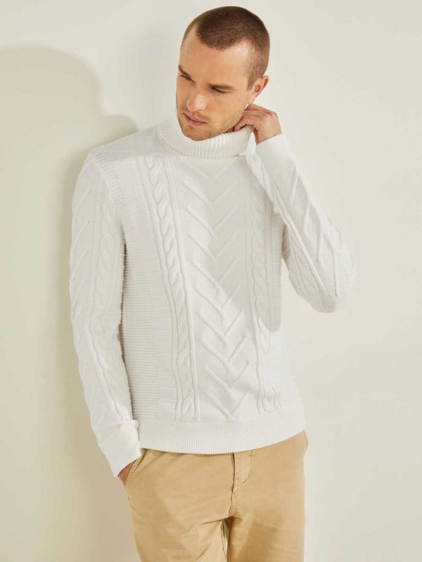 White Men's Guess Liam Mixed Cable Turtleneck Sweaters Australia Sale | 584VPJLRX