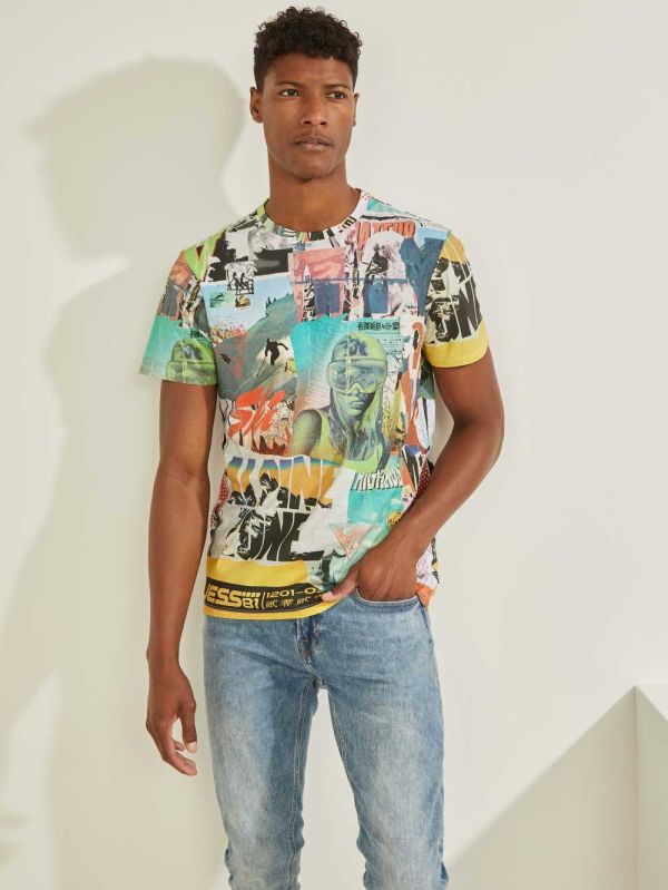 White Multicolor Men's Guess Collage Poster T-shirt Australia Sale | 041INVXUY