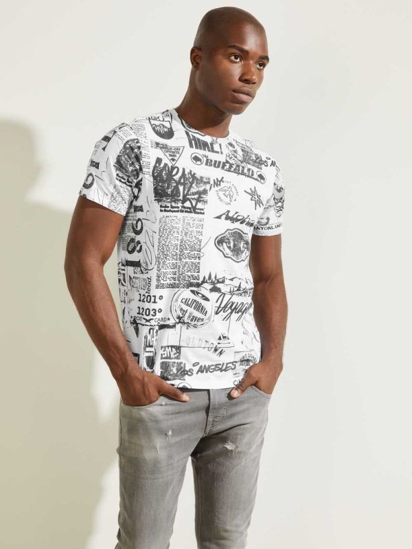 White Multicolor Men's Guess Eco Resort Collage T-shirt Australia Sale | 519JFTAHO