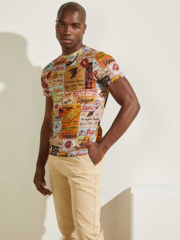 White Multicolor Men's Guess Eco Vintage Poster T-shirt Australia Sale | 389QFSTDV