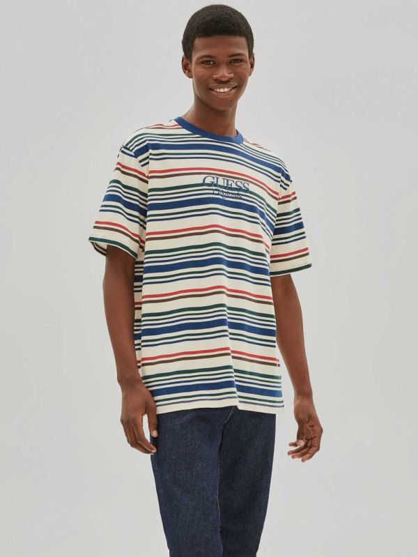 White Multicolor Men's Guess Originals Striped T-shirt Australia Sale | 082RHBFYA