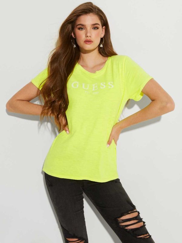 Yellow Multicolor Women's Guess Eco 1981 Rolled Cuff Logo T-shirt Australia Sale | 380ZDLFIR