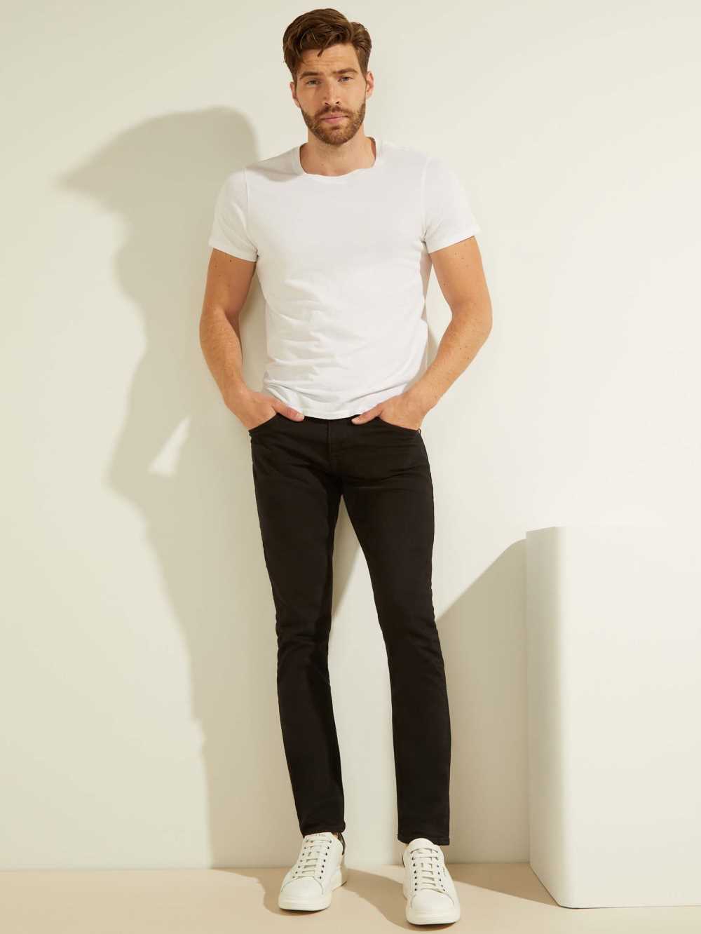 Black Men's Guess Classic Solid Skinny Jeans Australia Sale | 965YCMAOD