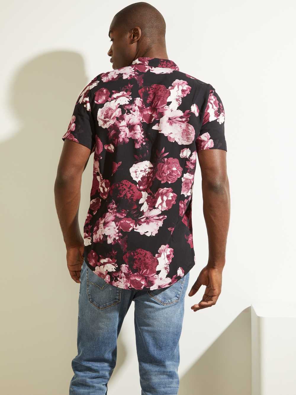 Black Men's Guess Eco Blackout Floral Shirts Australia Sale | 841JBEMOK