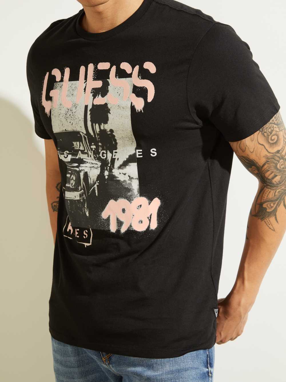 Black Men's Guess Eco LA Scenic T-shirt Australia Sale | 758QDCKTS