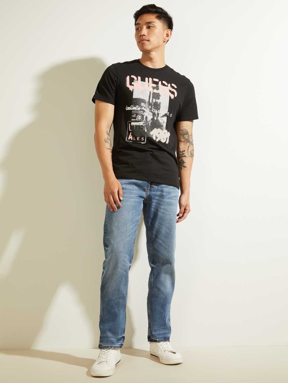 Black Men's Guess Eco LA Scenic T-shirt Australia Sale | 758QDCKTS