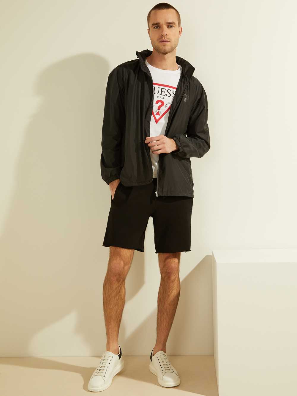Black Men's Guess Eco Roy Fleece Shorts Australia Sale | 748AUJMOD
