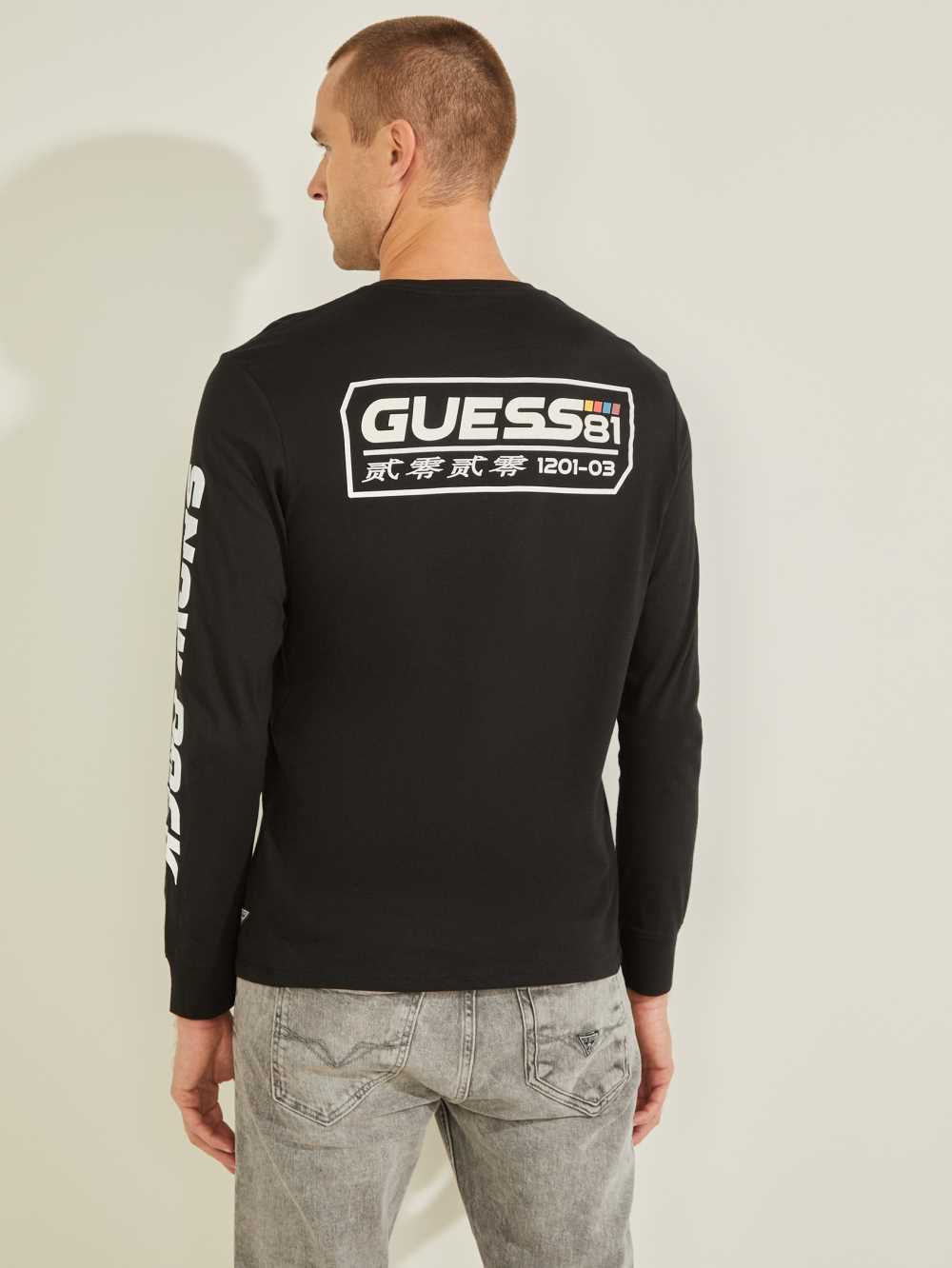 Black Men's Guess Ski Logo T-shirt Australia Sale | 014BOSZID