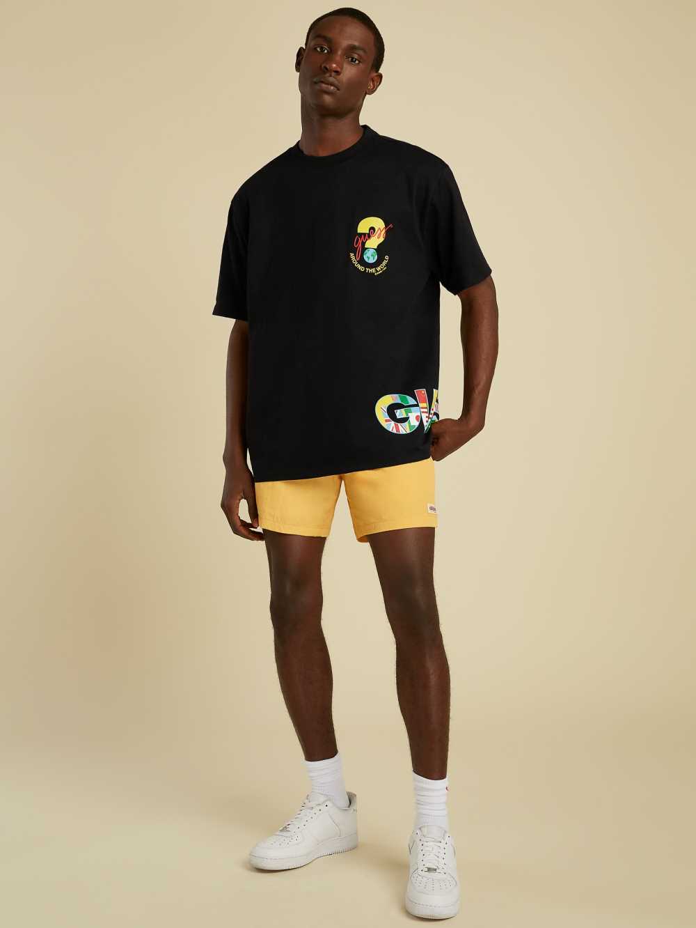 Black Men's Guess Summer Games Logo T-shirt Australia Sale | 521PSLETF