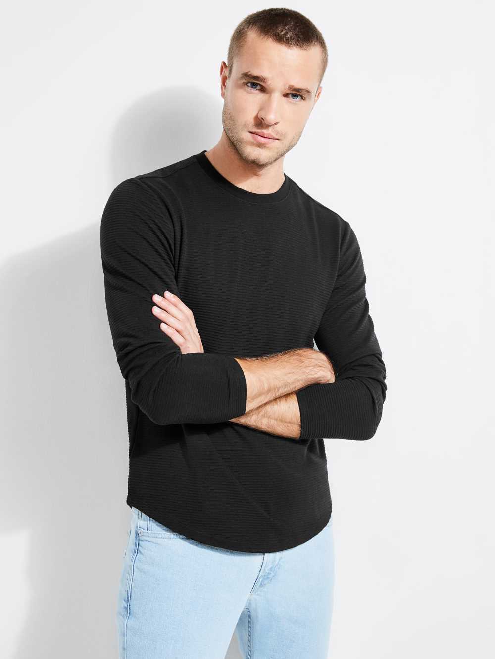 Black Men's Guess Textured Jersey Crewneck Sweatshirt Australia Sale | 863BNJPIL