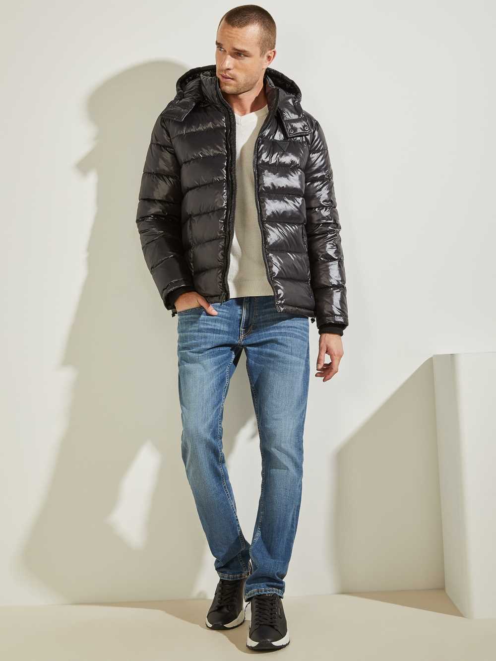 Black Multicolor Men's Guess Anthony Logo Puffer Jackets Australia Sale | 402UEOAFJ