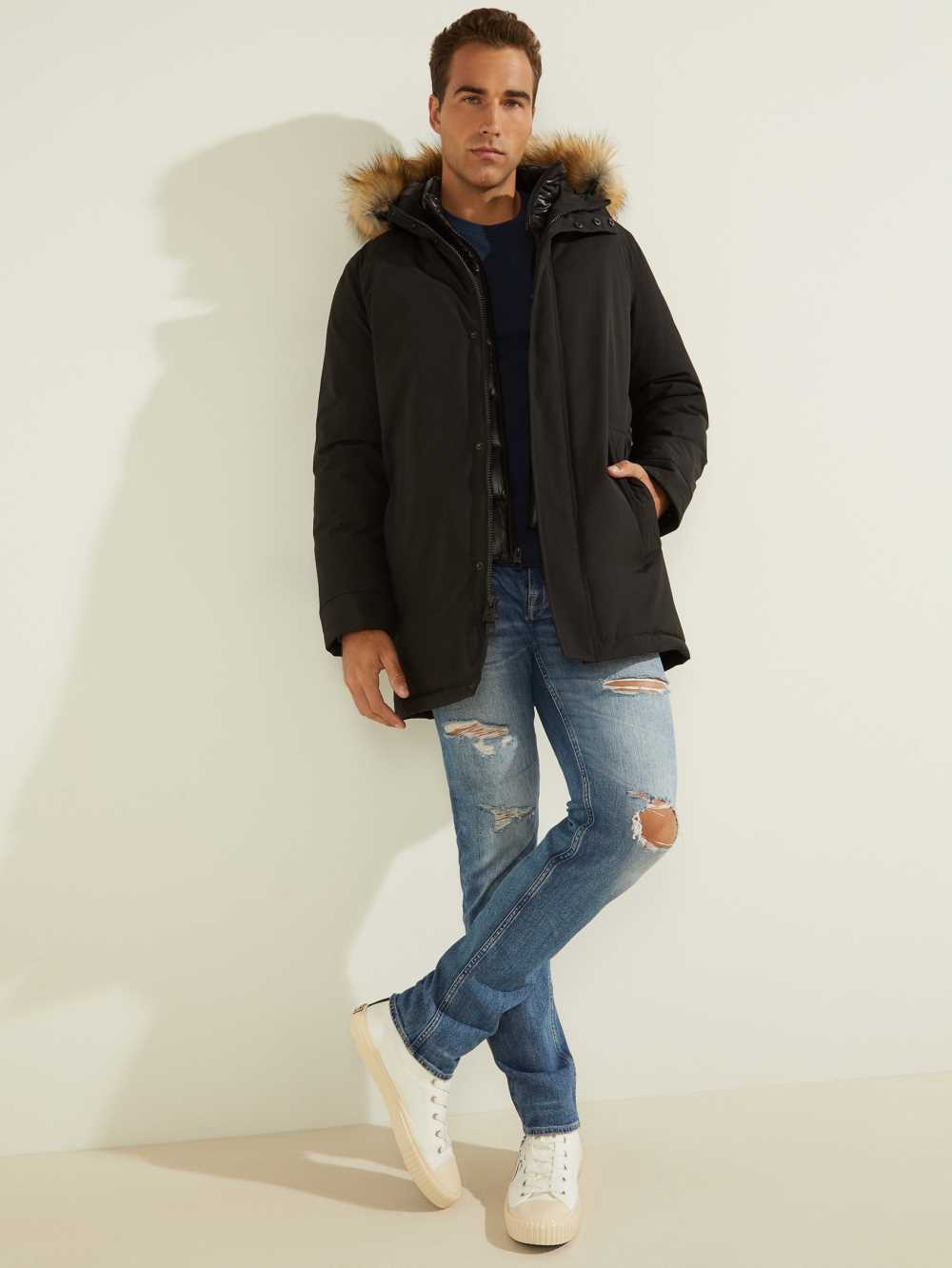 Black Multicolor Men's Guess Brian Faux-Fur Hooded Coats Australia Sale | 324MYGHFS