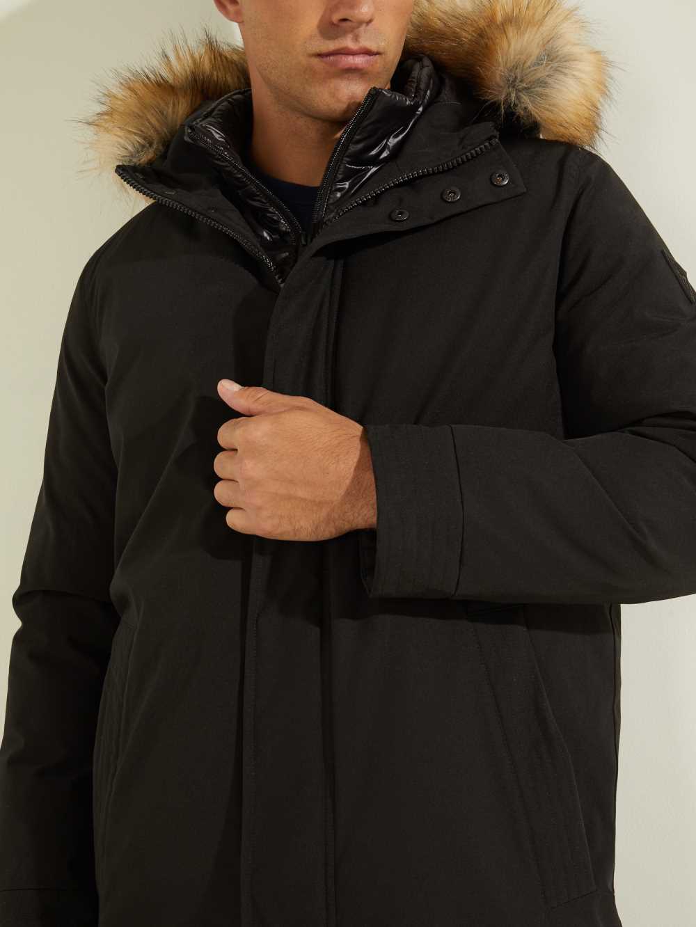 Black Multicolor Men's Guess Brian Faux-Fur Hooded Coats Australia Sale | 324MYGHFS