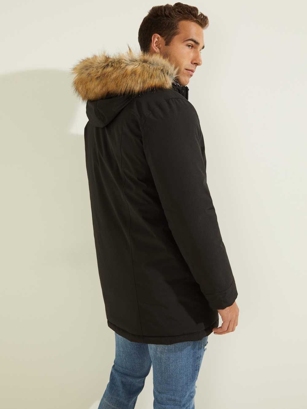 Black Multicolor Men's Guess Brian Faux-Fur Hooded Coats Australia Sale | 324MYGHFS