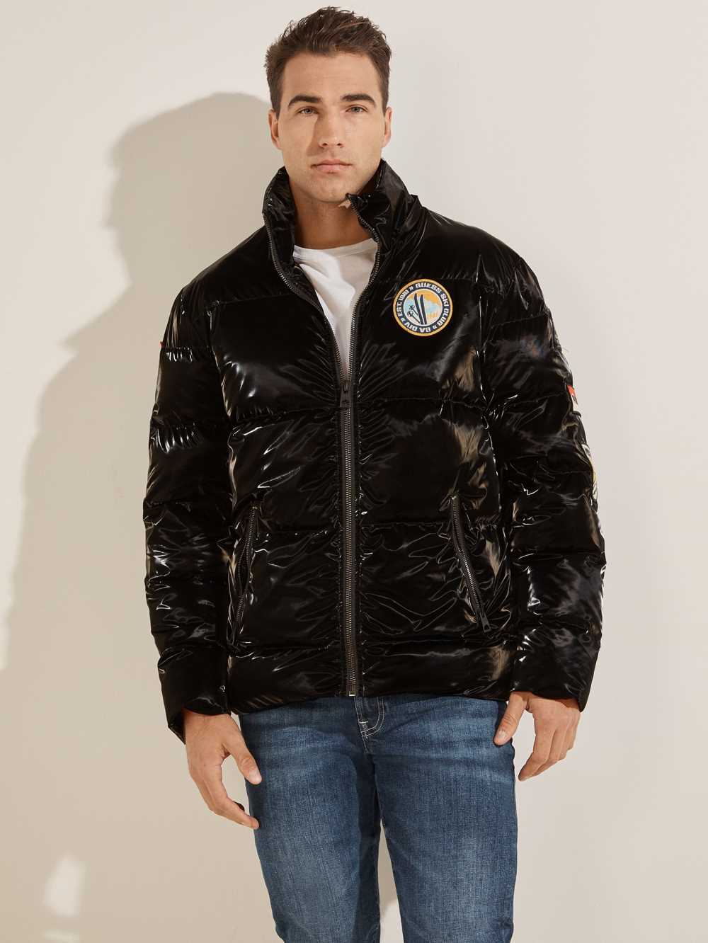Black Multicolor Men's Guess Metallic Nylon Puffer Jackets Australia Sale | 703ZLQTIU