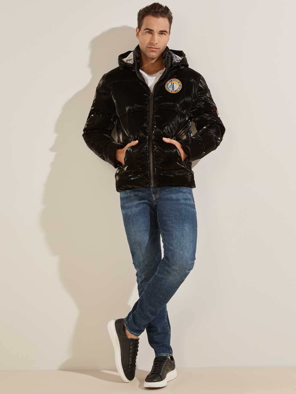 Black Multicolor Men's Guess Metallic Nylon Puffer Jackets Australia Sale | 703ZLQTIU