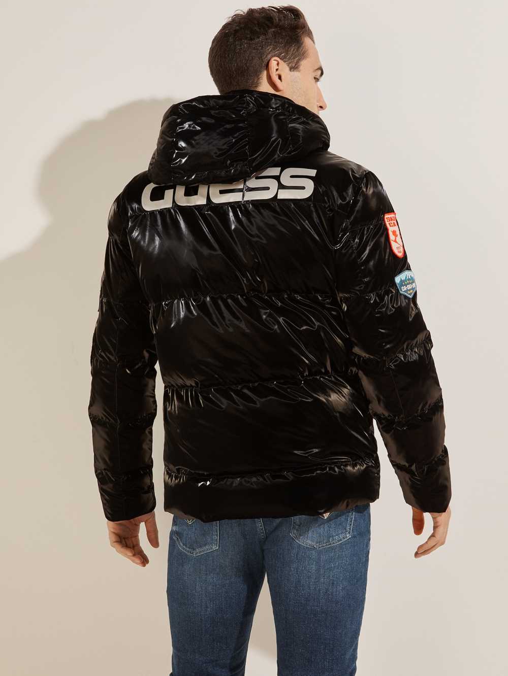Black Multicolor Men's Guess Metallic Nylon Puffer Jackets Australia Sale | 703ZLQTIU