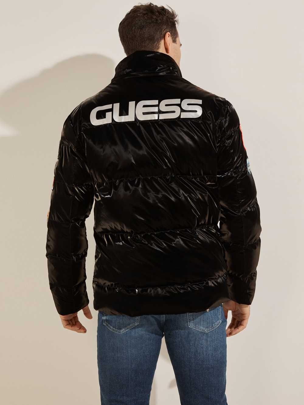 Black Multicolor Men's Guess Metallic Nylon Puffer Jackets Australia Sale | 703ZLQTIU
