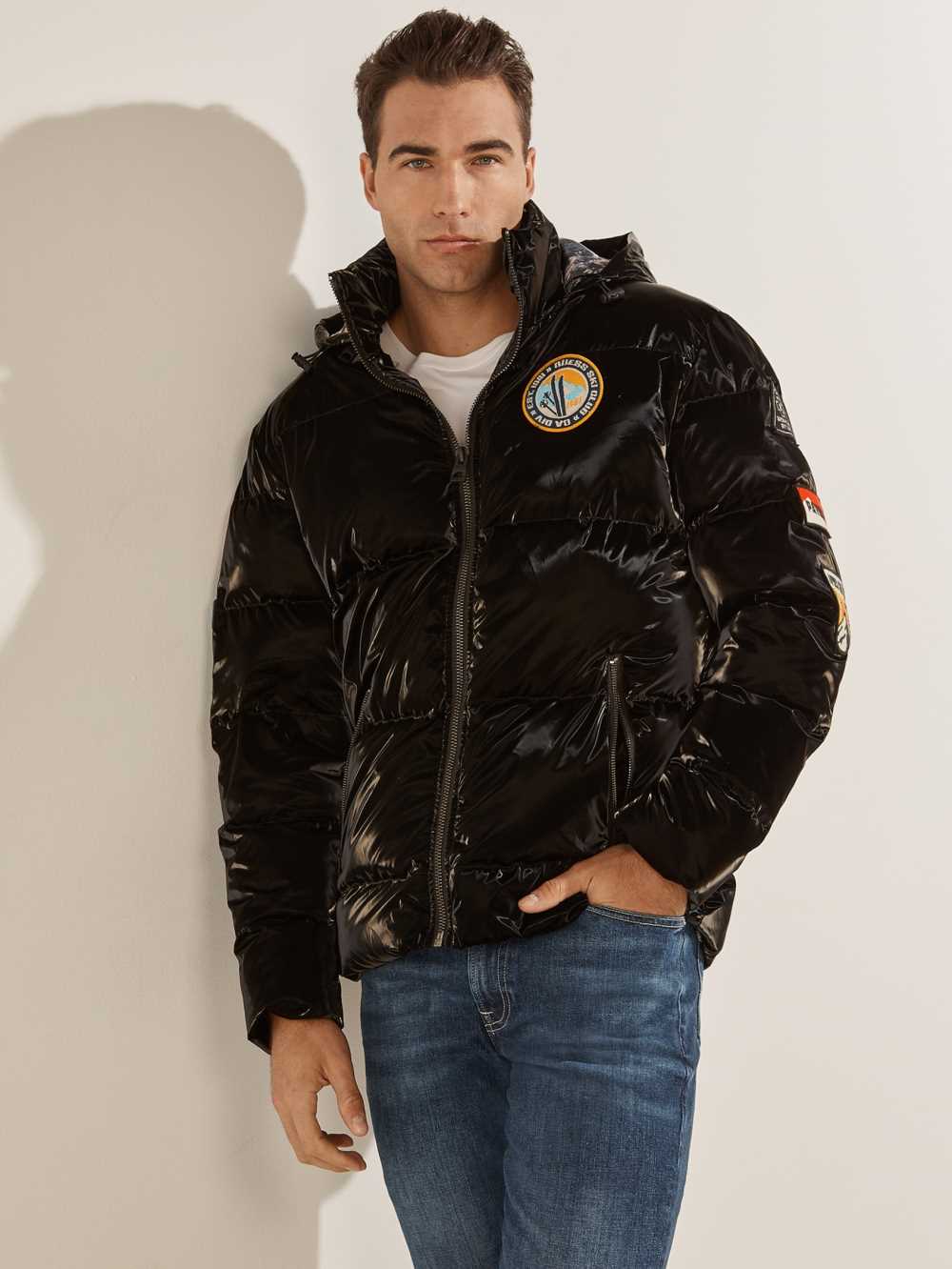 Black Multicolor Men\'s Guess Metallic Nylon Puffer Jackets Australia Sale | 703ZLQTIU