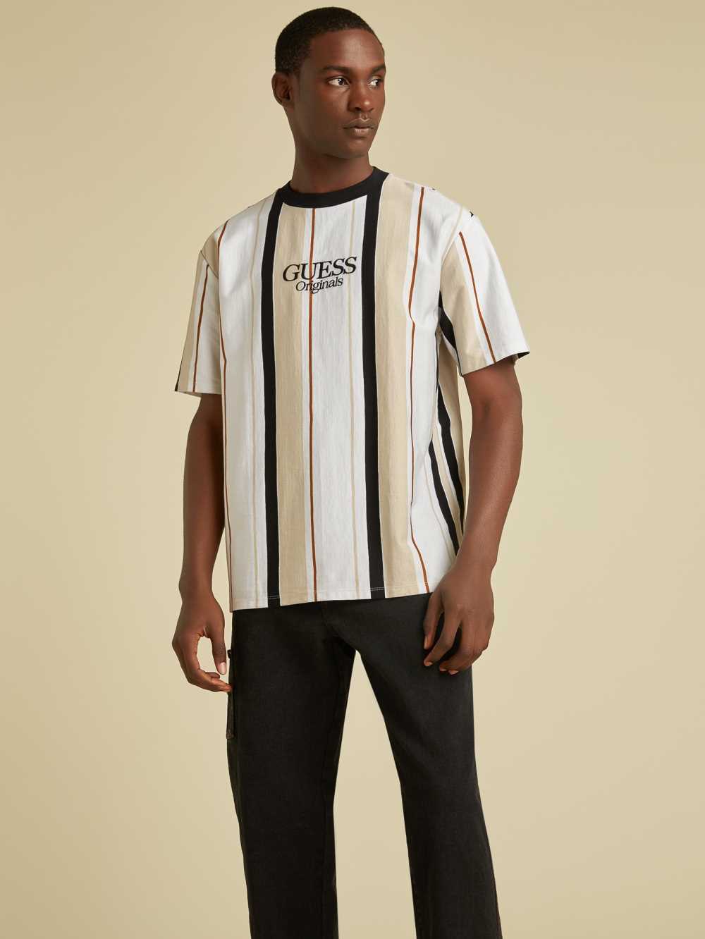 Black Multicolor Men\'s Guess Originals Striped T-shirt Australia Sale | 096HYGESN