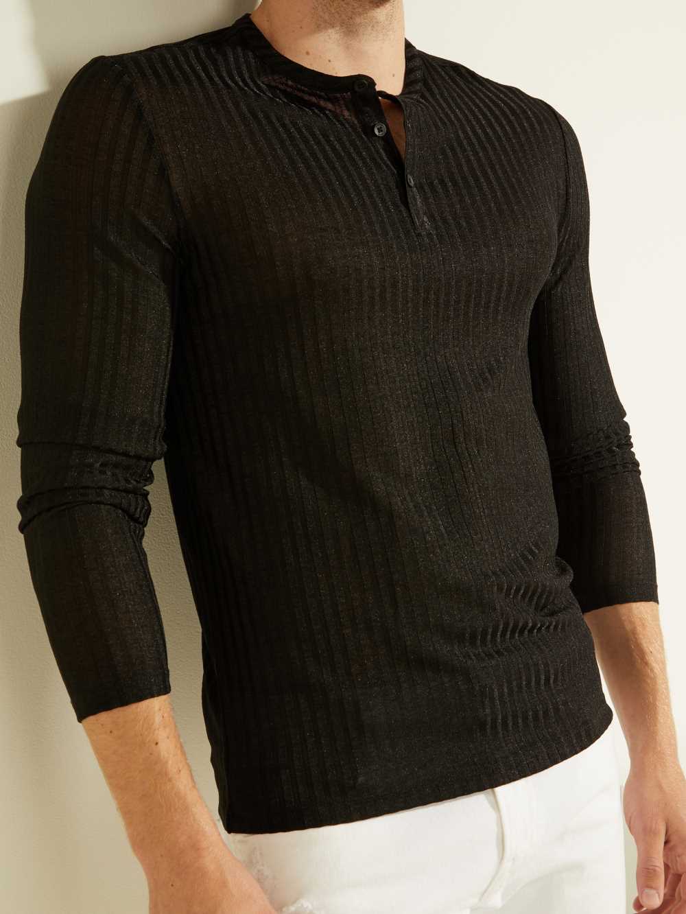 Black Multicolor Men's Guess Warehouse Long-Sleeve Henley T-shirt Australia Sale | 798CMZGHN