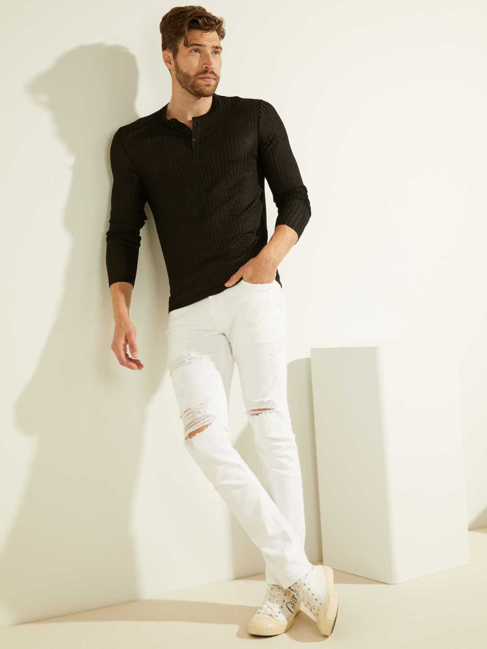 Black Multicolor Men's Guess Warehouse Long-Sleeve Henley T-shirt Australia Sale | 798CMZGHN