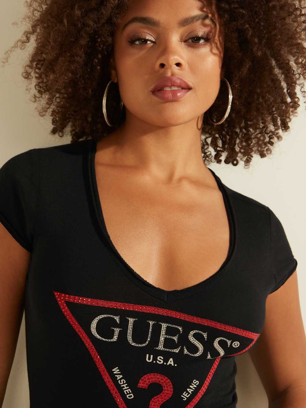 Black Multicolor Women's Guess Bling Logo T-shirt Australia Sale | 743CMIVQX