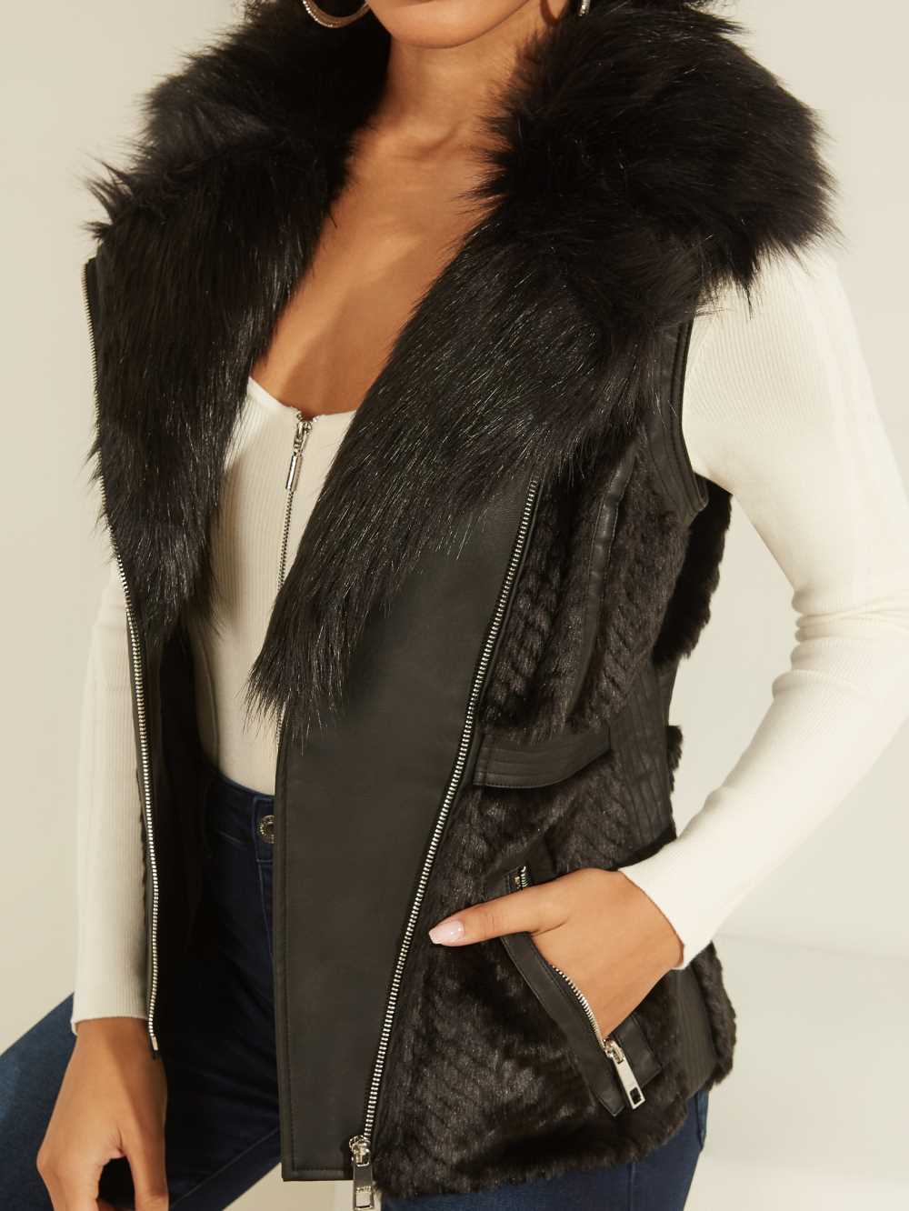 Black Multicolor Women's Guess Faux-Fur Moto Vest Australia Sale | 015PJXHKS