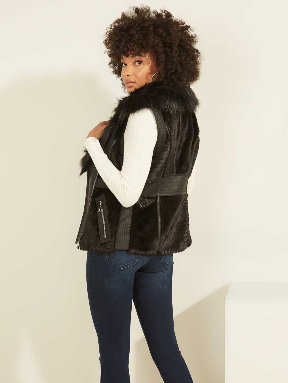 Black Multicolor Women's Guess Faux-Fur Moto Vest Australia Sale | 015PJXHKS