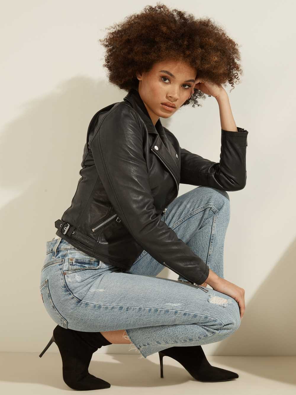 Black Multicolor Women's Guess Leather Moto Jackets Australia Sale | 906TUWIZD