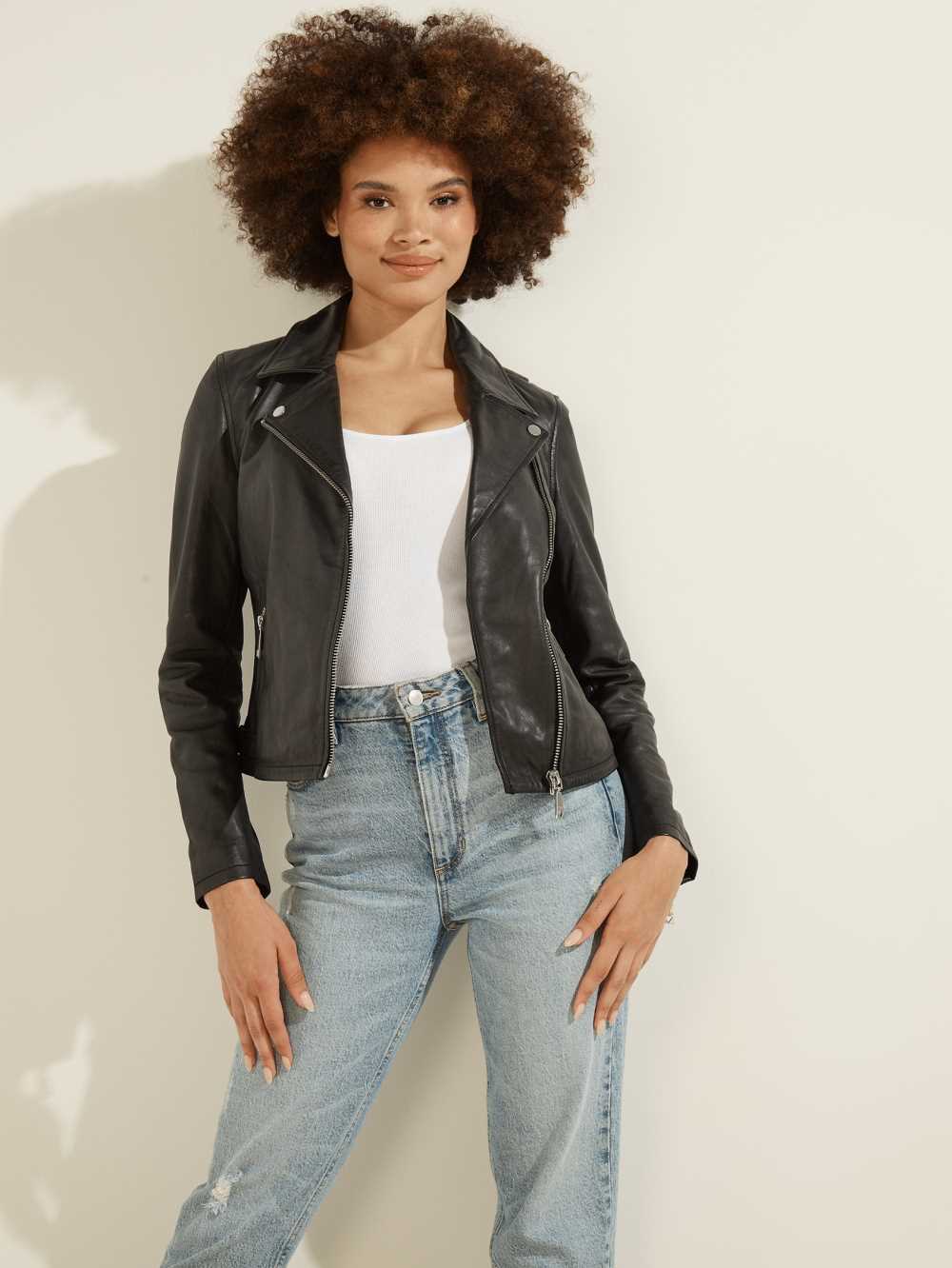 Black Multicolor Women\'s Guess Leather Moto Jackets Australia Sale | 906TUWIZD