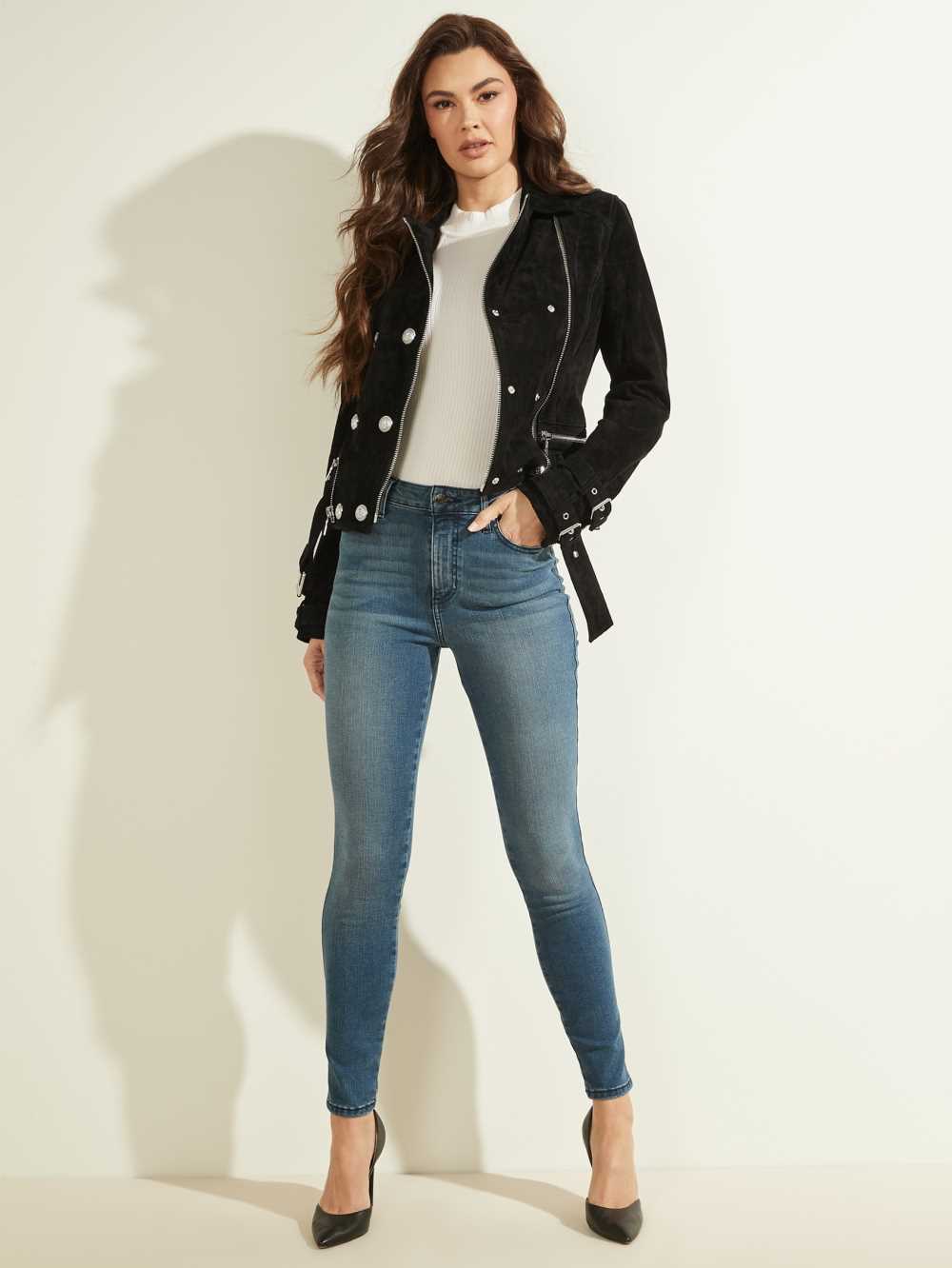 Black Multicolor Women's Guess Olivia Suede Moto Jackets Australia Sale | 056BFSQRW